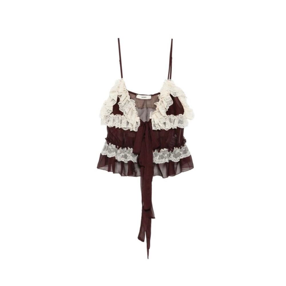 NWT Siedres Rona Ruffled Top with Bow Detail in Brown